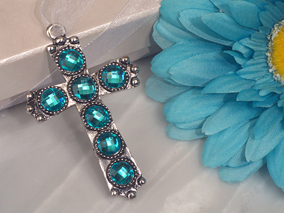 Stunning Silver Cross With Aqua Blue Crystals - Click Image to Close