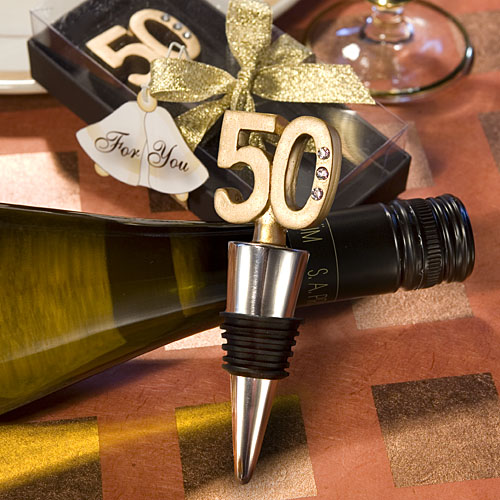  with these golden 50th Anniversary Wine Bottle Stopper wedding favors
