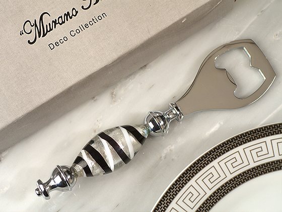 Murano Art Deco Bottle Opener-Silver And Black Glass Bead