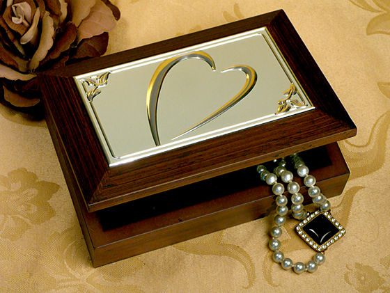 Wooden Jewellery Box w/ Embossed Silver Plated Heart