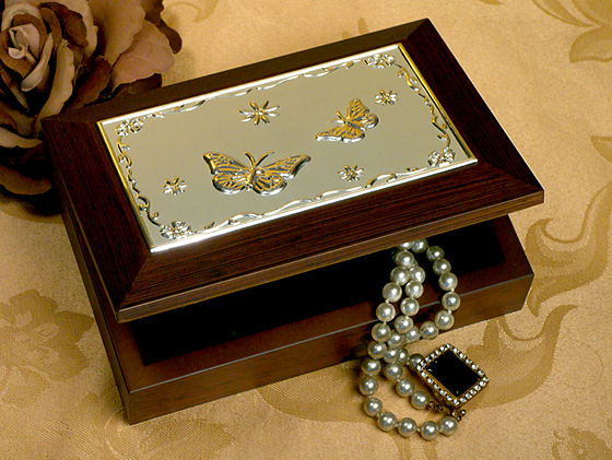 Wooden Jewellery Box w/ Embossed Silver Plated Butterflies