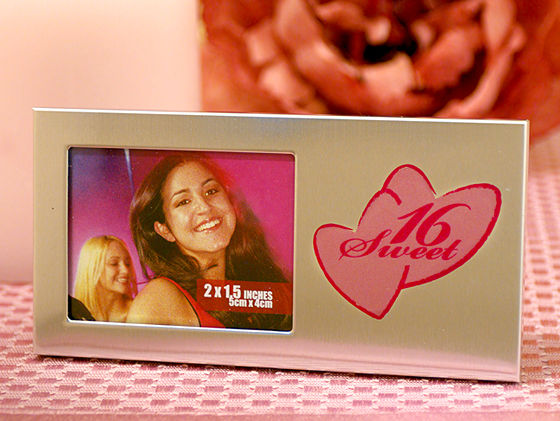 Sweet 16 Silver Metal Photo Frame w/ Double Hearts