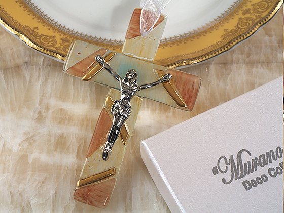 Murano Art Deco Glass Cross In Brown and Gold Colours