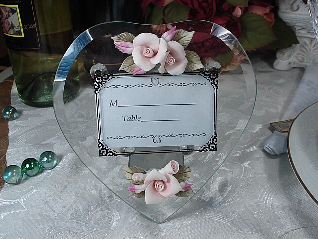 Glass Heart Shape Place Card Holder with Roses